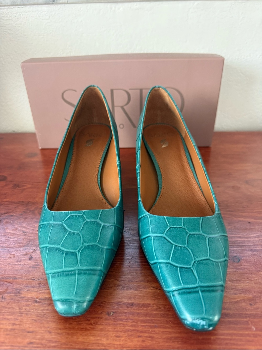 Franco Sarto Teal Croc-Embossed Pointed-Toe Pumps